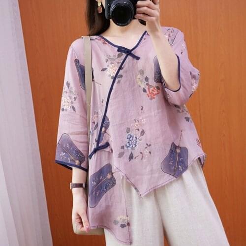 Women Summer Loose Casual T-shirts New Arrival 2021 Chinese Style V-neck Vintage Print Loose Female Half Sleeve Tops Tees B461