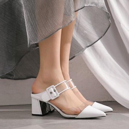 New brand fashion shoes sheepskin pumps transparent mule sandals buckle mules pointed toe chunky heels woman mule slides