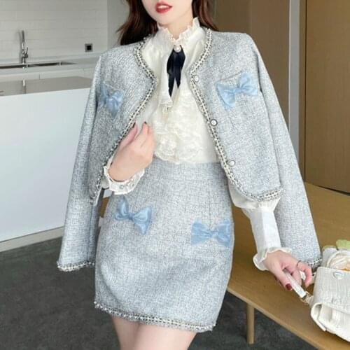 Autumn Small Fragrance Two Piece Set Women Crop Top Bow Short Jacket Coat + Pleated Mini Skirts Sets Korean Sweet 2 Piece Suits