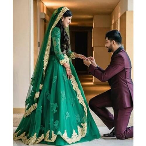 2020 Dubai Arabic A-Line Lace Wedding Dresses Long Sleeves Beads Vestidos De Noiva Estilo Princesa Green Muslim Wedding gown