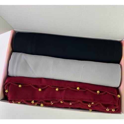 3pcs/Box Golden Pearl Edge Hijab Muslim Chiffon Scarf Tassel Pearls Gold Beaded Shawl Wrap Headscarf Bandana Foulard