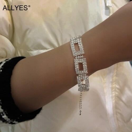 ALLYES Korean Shiny Silver Plated Rectangle Crystal Claw Chain Bracelets for Women Rhinestone Geometric Bracelet Party Jewelry