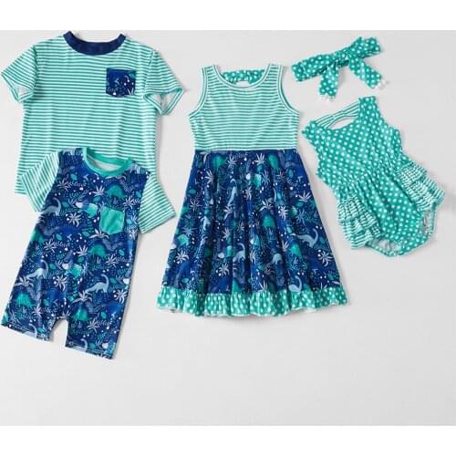 Family matching clothing kids combination 2021 summer striped cartoon print boy T-shirt girl dress baby jumpsuit family suit