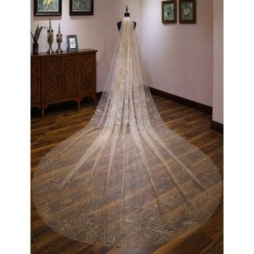 Gold Wedding Veil One Tier Tulle Sparkling Waterfall Cut Edge Bridal Veils (400cmx300cm)