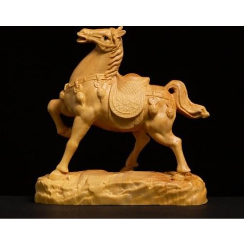 Boxwood Carving Lucky Feng Shui Zodiac Horse Decoration Living Room Statue Crafts Success Horse Home Decor