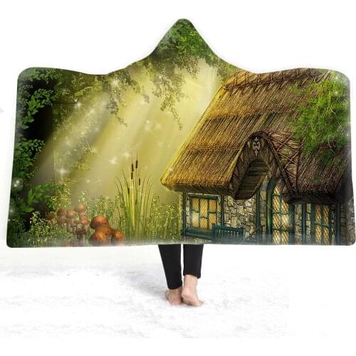 Free shipping Holiday Gift Fairy Fantasy Woodland Forest Trees Hut Sherpa Fleece Hooded Blanket Sofa Throw Camping Travel