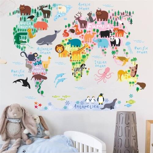 Cartoon Animals Map Of World Wall Stickers For Kindergarten Classroom Kids Room Home Decoration Diy Safari Mural Art Pvc Decals
