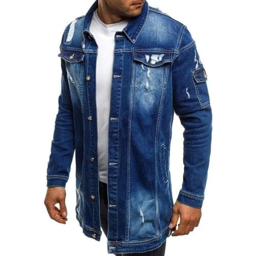Autumn New Mens Long Denim Jacket Single Breasted Slim Fit Casual Mid Hole Ripped Cowboy Coat Safari Style Male Jean Jacket 3XL