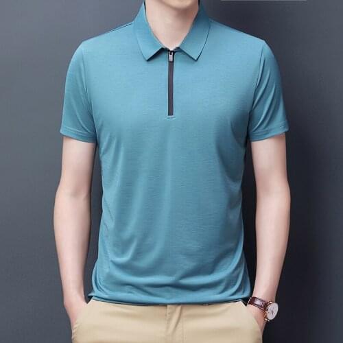 Summer Mens Silk Tee Tops Fashion Zipper Polos Clothing Short Sleeve Male Casual Solid Color Polo Shirts Zipper Up