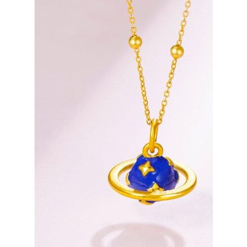 New 24K Yellow Gold Pendant 3D 999 Gold Blue Earth Necklace Pendant