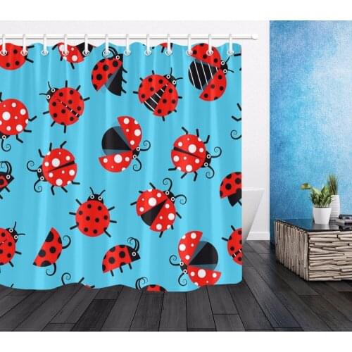 Red Ladybugs Flat Shower Curtain Blue Bathroom Extra Long Waterproof Eco-Friendly Washable Polyester Fabric for Bathtub Decor