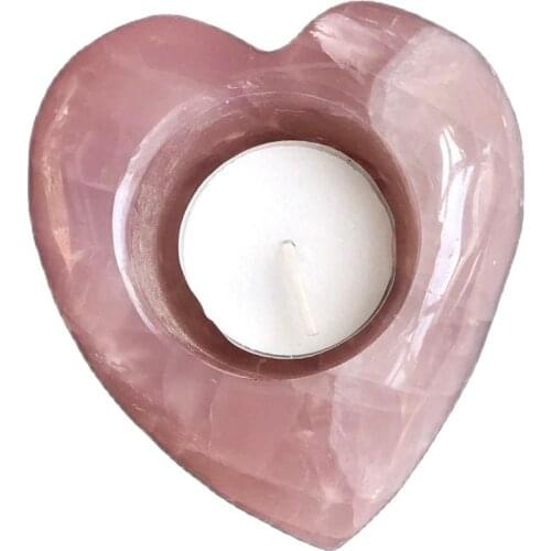 Natural Crystal Rose Quartz Candlestick Pink Stone Bowl Carved Heart Home Decoration Healing Chakra Feng Shui Art Ornament