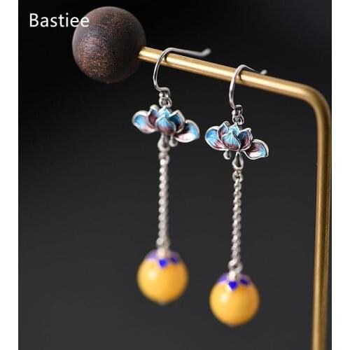 Bastiee Flower Earrings For Women Geometric Silver 925 Jewelry Vintage Jade Korean Earrings Golden Plated Sterling Silver
