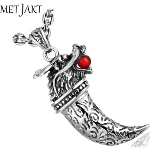 MetJakt Vintage 925 Sterling Silver Pendant Necklace & Dragons Mouth Contains Garnet Charm for Cool Men Punk Rock Jewelry