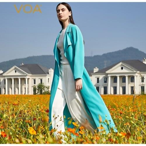 VOA30 Mumi Heavy Sand-washed Silk Lapel Raglan Sleeves Jackets Long-sleeved Tie Waist Slit Hem Simple Windbreaker Autumn FE166