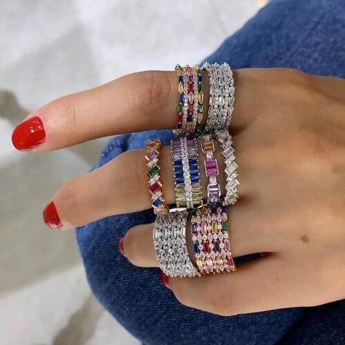 High quality luxury colorful rainbow cubic zirconia cz band ring all cz around rainbow rings