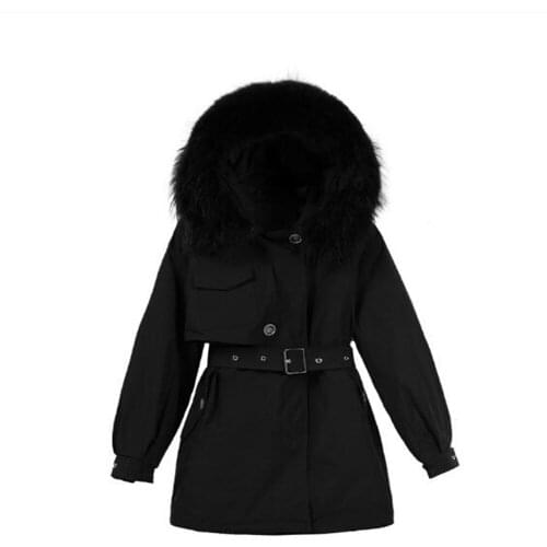 Winter 2021 Fashion Korean Version Parka Outerwear Women Heavy Hair Collar Beam Waist Pocket Thick Loose White Duck Down Jacket