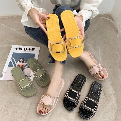 Womens Summer Slippers Candy Color Square Buckle Sandals Holiday Non-slip Sandals Flat Bottom One-line Slippers