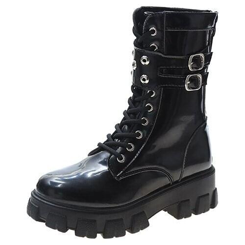 Motorcycle Women Ankle Boots Chunky Winter Autumn Soft Leather Shoes Black Rivet Wedges Female Lace Up Platform White