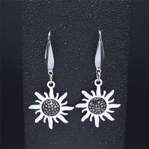 Sun Stainless Steel Black Crystal Dangle Earings for Women Silver Color Drop Earings Jewelry boucle doreille femme E4811S03