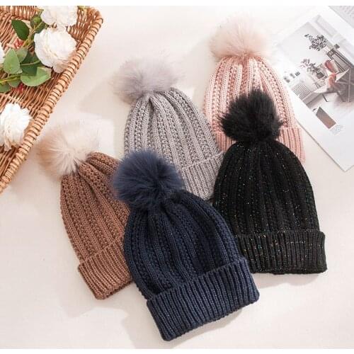 Women Beanies Hats Warm Winter Pompom Fur Knitted Beanie Caps Women Fur Pom Pom Hat Ski Snow Cap Ladies Knitted Hat Mens Hats