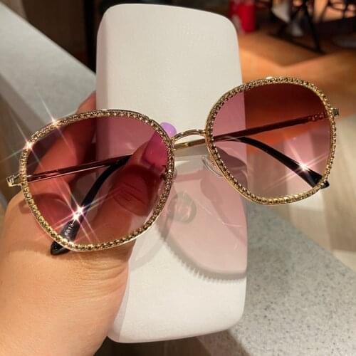 2021 Fashion Tea Gradient Sunglasses Women Lens Metal Rhinestone Round Sun Glasses For Female Summer Traveling Dirving Oculos