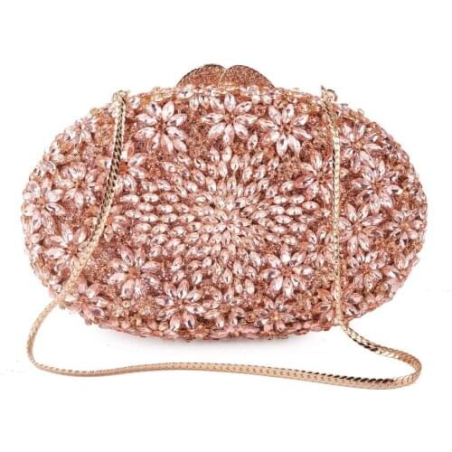 Fuchsia Women pink Crystal Clutch Flower Evening night Purse Minaudiere Handbag Wedding Party Bridal Chain Shoulder Bag gift bag