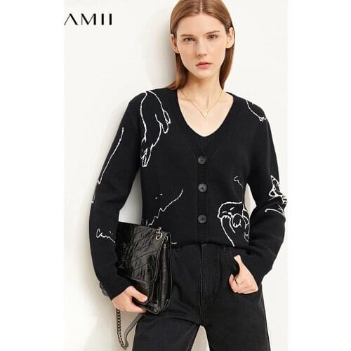 Amii Minimalism Winter Cardigan For Women Elegant Vneck Printed Knitted Tops Fashion Loose Outwear Clothing Female Tops 12170588