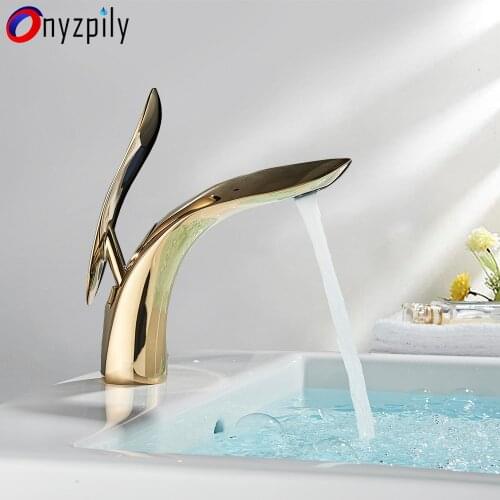 Onyzpily Gold Bathroom Basin Faucet Waterfall Spout Sink Faucet Water Tap Faucet Single Handle Hot Cold Water torneira banheiro