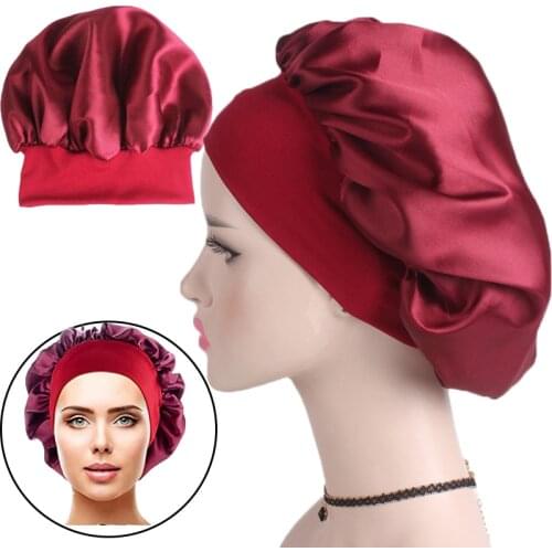 1Pc Satin Sleep Cap Elastic Wide Band Hat Night Sleeping Head Cover for Good Sleeping Solid Nightcap Bonnet Hair Protecting Cap