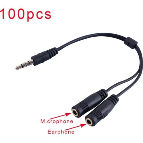 100pcs 3.5mm Jack Earphone Mic Audio Splitter Aux Extension Adapter Cable