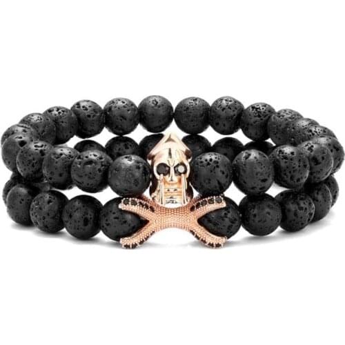 2pcs/lot 8mm skull volcanic gold silver copper cz zircon cubic zirconia beads Yoga Bracelet elastic agate Stone Bangles w3s1
