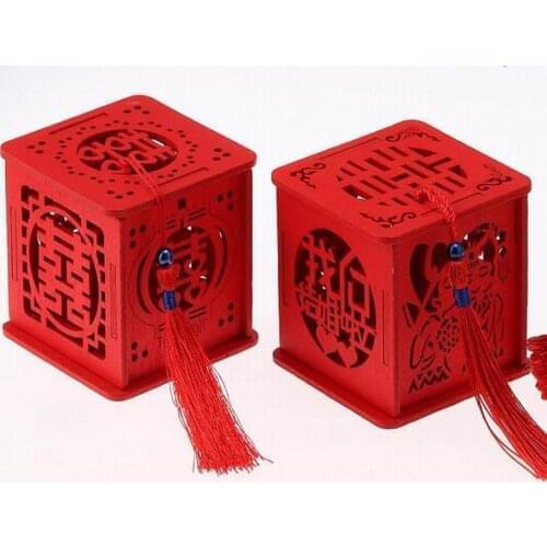 200pcs/lot Wood Chinese Double Happiness Wedding Favor Boxes Candy Box Chinese Red Classical Sugar Case With Tassel
