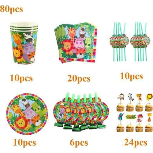 80Pcs/Pack Wild Animal Birthday Party Decorations Baby Shower Disposable Tableware Cups Plates Blowouts Straws Napkins Supplies