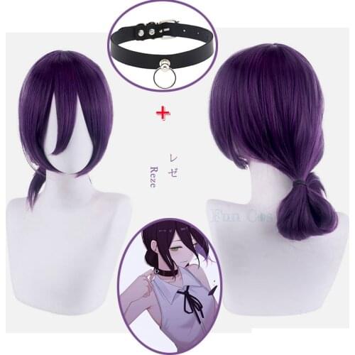 Anime Chainsaw Man Reze Cosplay Purple Wig Choker Heat-resistant Fiber Hair + Free Wig Cap Halloween Party Role Play for Girls
