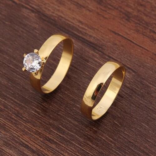 Bangrui Fashion 24k Plain 3mm 2 Ring Set African Crystal Wedding Men&Women Finger Ring Gift