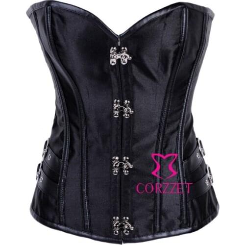 Free Shipping Women Hot Sexy Lingerie Stainless Steel Ring Buckle Boned Steampunk Black Corset Corselete Satin Corpete Bustiers