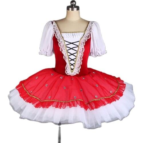 Short Sleeve Ballet Pancake Tutu Stretch Red Velvet Bodice with 7 Layers Pleated Tutu Skirt Professional Ballet Tutus BLL401