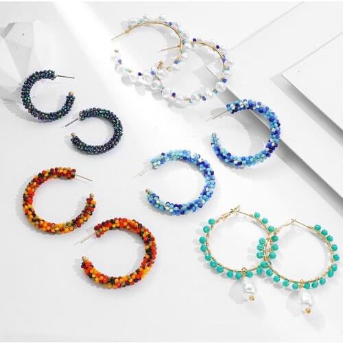 Bohemia Handmade Round Beads Hoop Earrings for Women Trendy C-shaped Geometric Circle pearl Earrings Boho Jewelry Gift