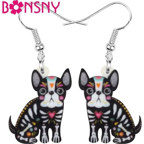 Bonsny Acrylic Halloween Black French Bulldog Dog Earrings Lovely Animal Dangle Drop Jewelry For Women Girls Kid Fashion Gift