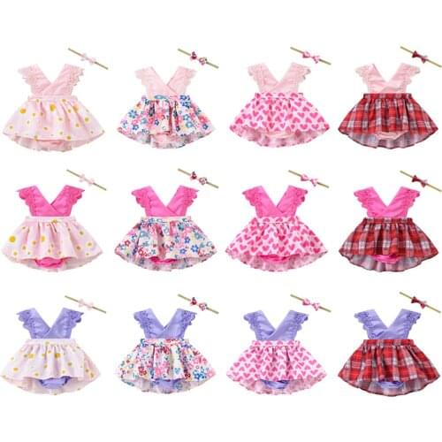 Toddler Baby Kids Girls Lace Print Princess Dress V-neck Sleeveless Romper Bow Headband Outfits Baby Clothing Vestido