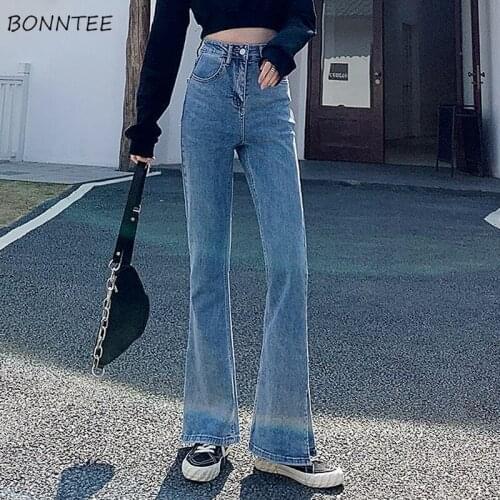 Jeans Women Vintage Trendy Wide Leg Streetwear Leisure Blue Basic Female Denim Washed Slit Pockets Buttons Popular Mujer Cool