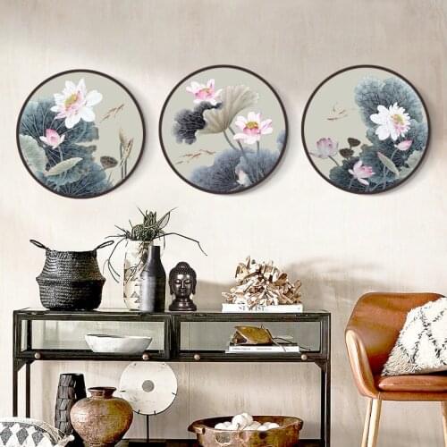 EECAMAIL New Style Round Diamond Painting Full Drill Modern Chinese Style Lotus Small Size Restaurant Stickers Diamond Embroider