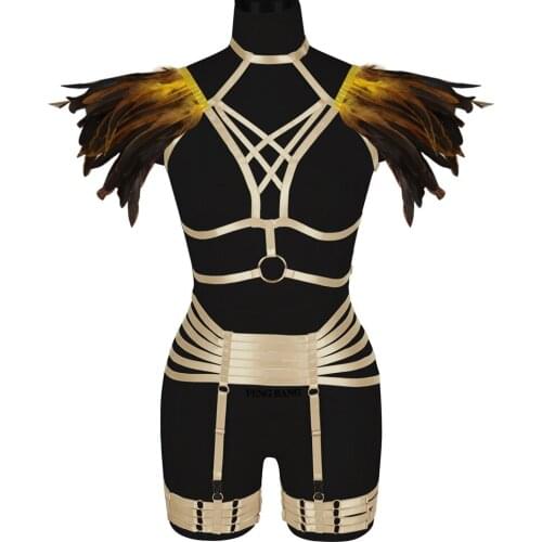 Punk Goth Exotic Apparel Sexy Lingerie Set Natural Feathers Harness For Women Suspender Belt Dress Dance Rave Costume Garters