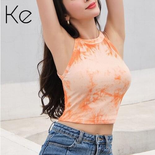 KE Womens summer cotton round neck stretch camisole top Slim threaded color tie-dye vest