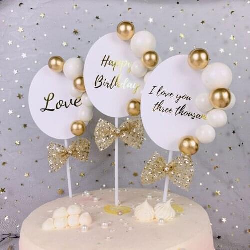 Love Wedding Cake Topper Gold Balloon Mesh Ball Happy Birthday Cupcake Topper For Anniversary Birthday Party Cake Decorations