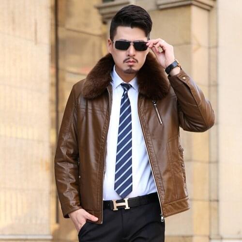 Mens High Jacket Quality 2020 Winter Warm Soft Thicken Fur Collar Detachable Zipper Man PU Leather Coat Black 1523