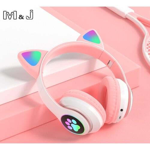 M&J Cute Cat LED Earphones Wireless Headphones Muisc Stereo Bluetooth Headphone With Mic Children Girl Earpieces Headset Gift