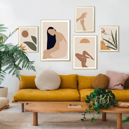 New Nordic Living Room Art Retro Abstract femAle Gesture Leaf Sunset Poster Canvas Painting Wall Art Picture Home Decoration
