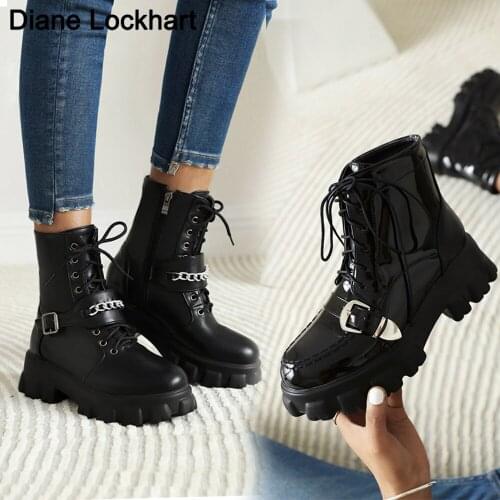 Shoes Women Motorcycle Boot Punk Lace Up Anklet Boots Round Toe Thick Sole Keep Warm Platform Snow Boots Woman Winter Female